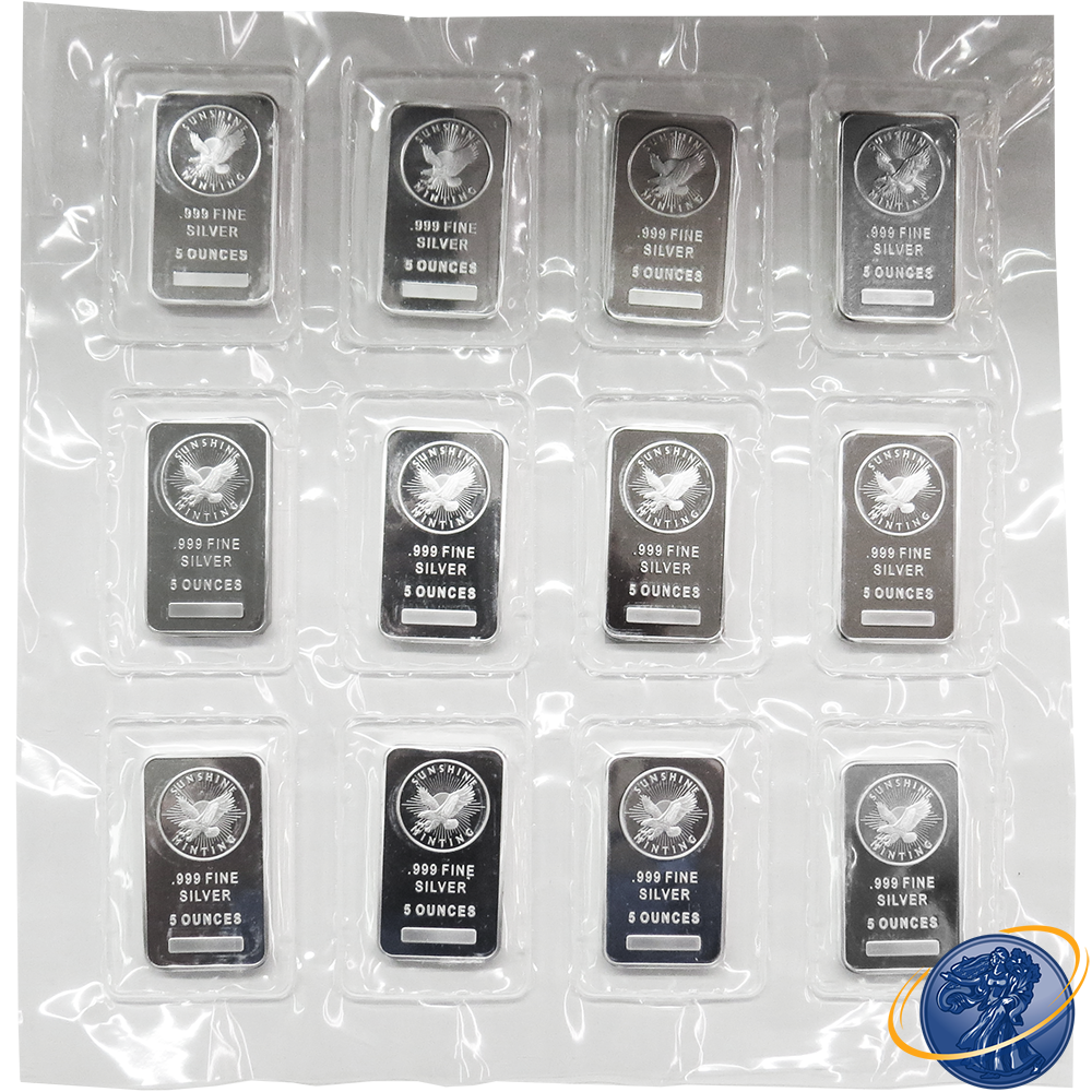 Lot of 12 - 5 Troy oz Sunshine Mint .999 Silver Bar Mint Mark SI Sealed Sheet