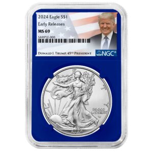 2024 $1 American Silver Eagle NGC MS69 ER Trump Label Blue Core