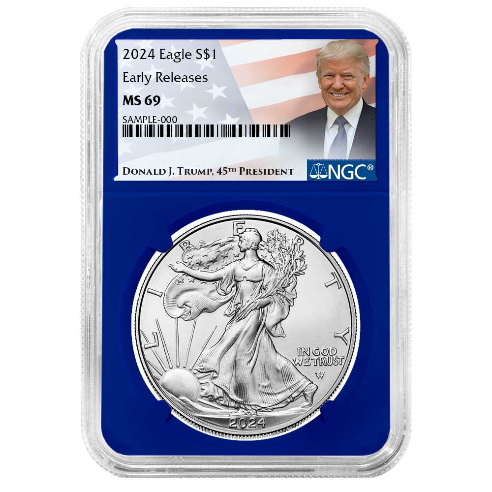 2024 $1 American Silver Eagle NGC MS69 ER Trump Label Blue Core