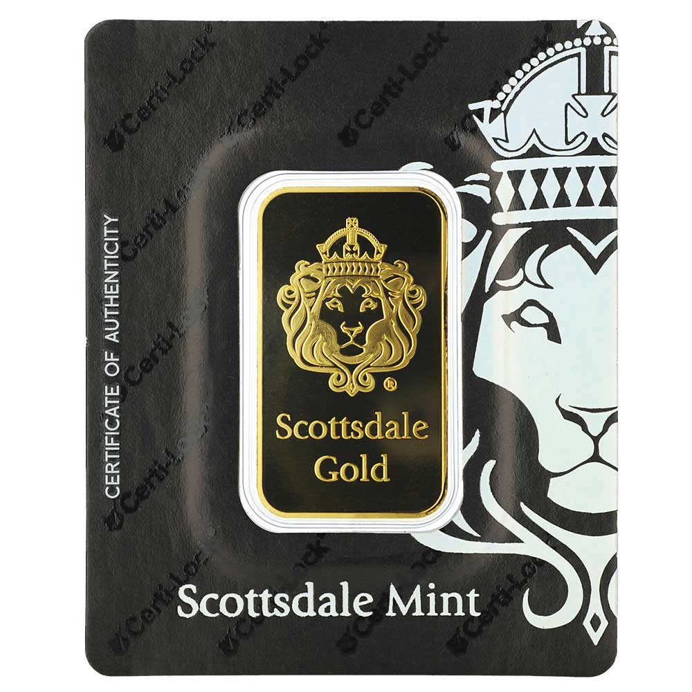 1 Troy oz Scottsdale Lion .9999 Fine Gold Bar in Assay