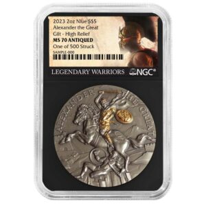 2023 Alexander the Great 2 oz High Relief Silver Antiqued & Gold Gilded NGC MS70 Legendary Warriors Label