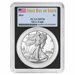 2024 $1 American Silver Eagle PCGS MS70 FDOI Flag Label Black Frame
