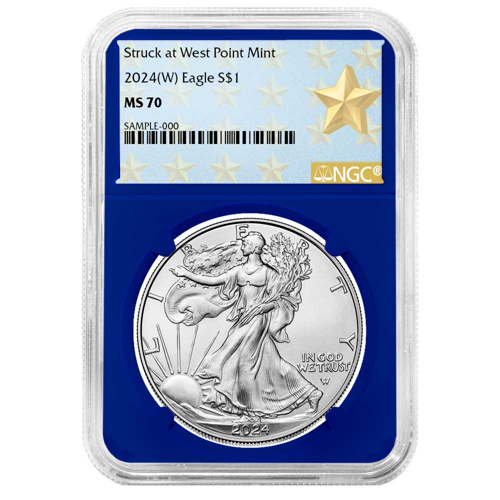 2024 (W) $1 American Silver Eagle NGC MS70 West Point Star Label Blue Core