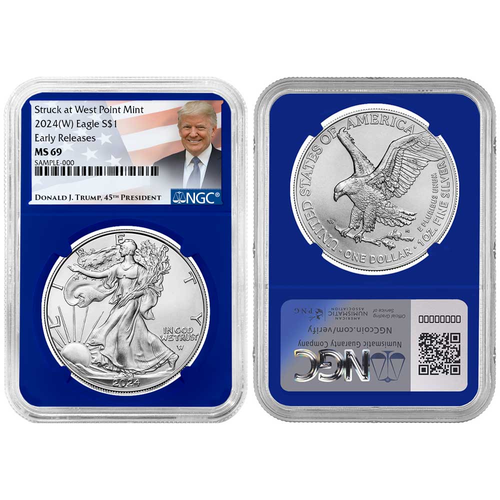 2024 (W) $1 American Silver Eagle NGC MS69 ER Trump Label Blue