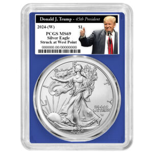 2024 (W) $1 American Silver Eagle PCGS MS69 Trump 45th President Label Blue Frame