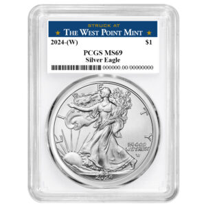 2024 (W) $1 American Silver Eagle PCGS MS69 West Point Label White Frame