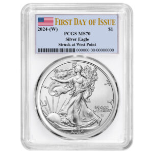 2024 (W) $1 American Silver Eagle PCGS MS70 FDOI Flag Label White Frame