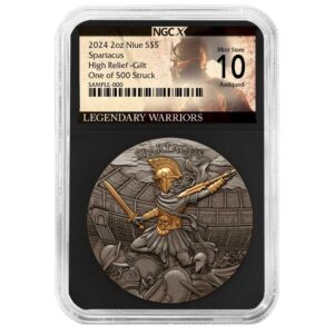 2024 Spartacus 2 oz High Relief Silver Antiqued & Gold Gilded NGCX MS10 Legendary Warriors Label Retro Core