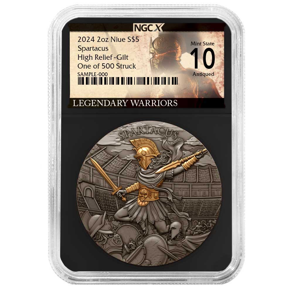 2024 Spartacus 2 oz High Relief Silver Antiqued & Gold Gilded NGCX MS10 Legendary Warriors Label Retro Core