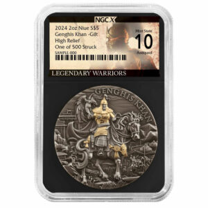 2024 Genghis Khan 2 oz High Relief Silver Antiqued & Gold Gilded NGCX MS10 Legendary Warriors Label