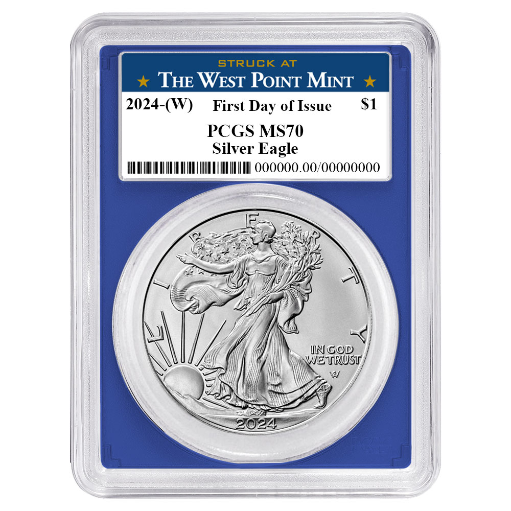 2024 (W) $1 American Silver Eagle PCGS MS70 FDOI West Point Label Blue Frame