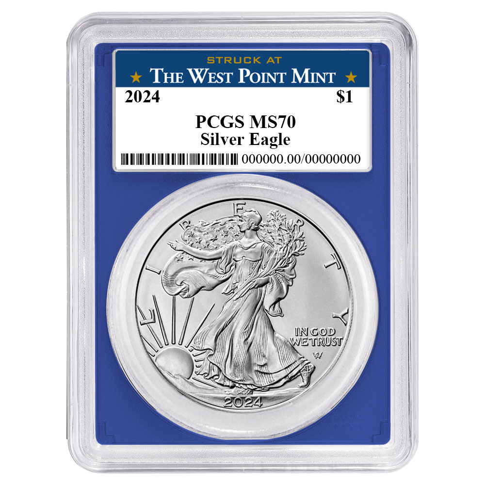 2024 $1 American Silver Eagle PCGS MS70 West Point Label Blue Frame