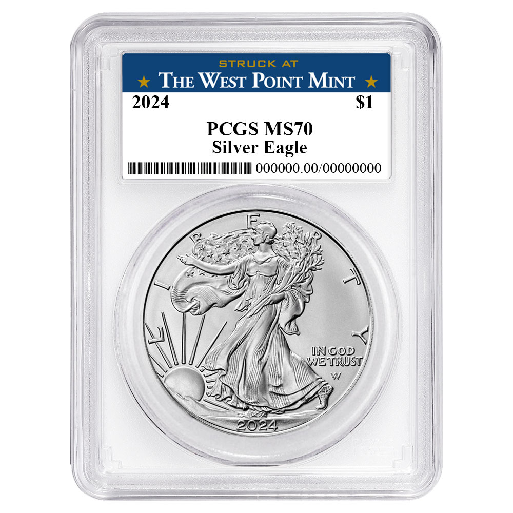 2024 $1 American Silver Eagle PCGS MS70 West Point Label White Frame