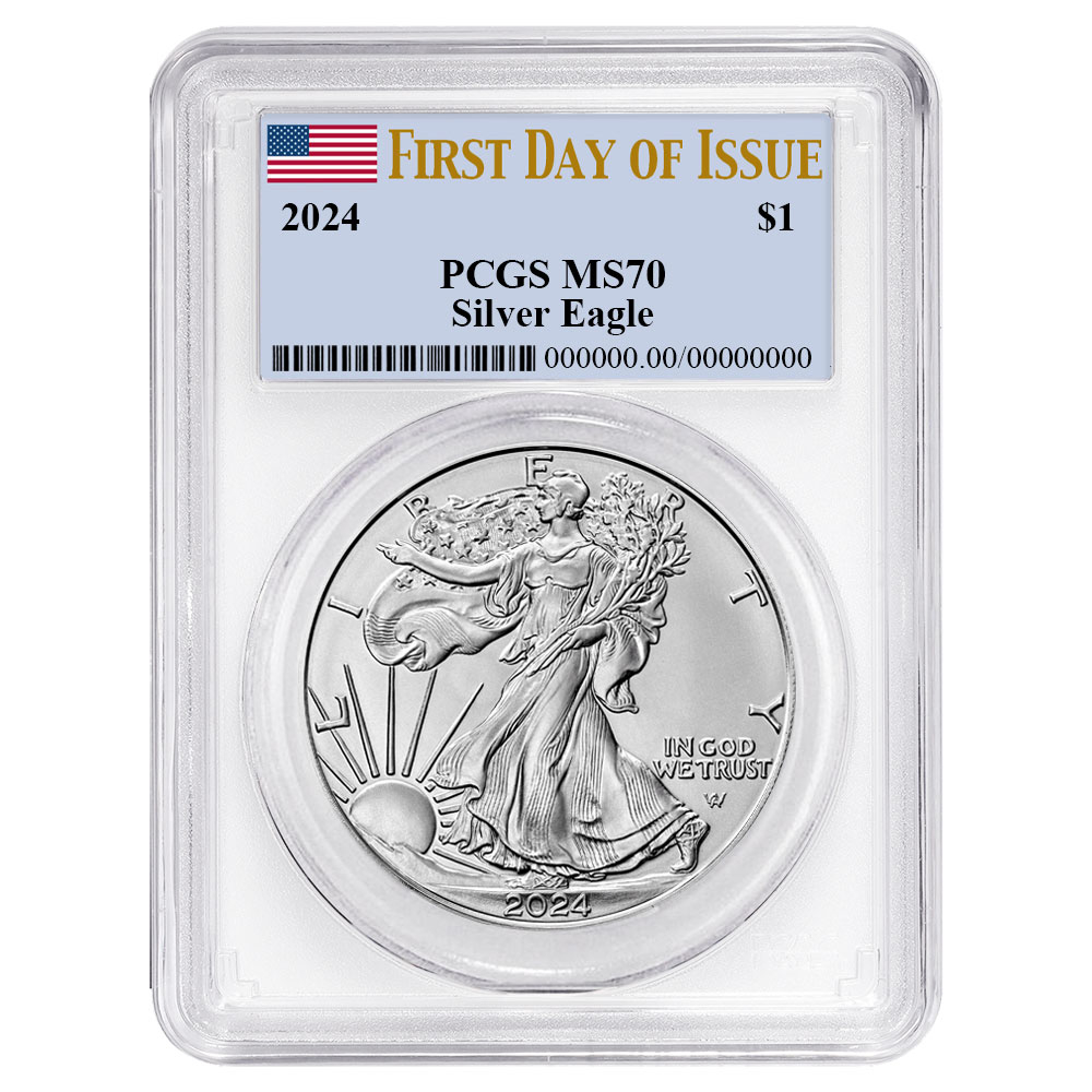 2024 $1 American Silver Eagle PCGS MS70 FDOI Flag Label White Frame
