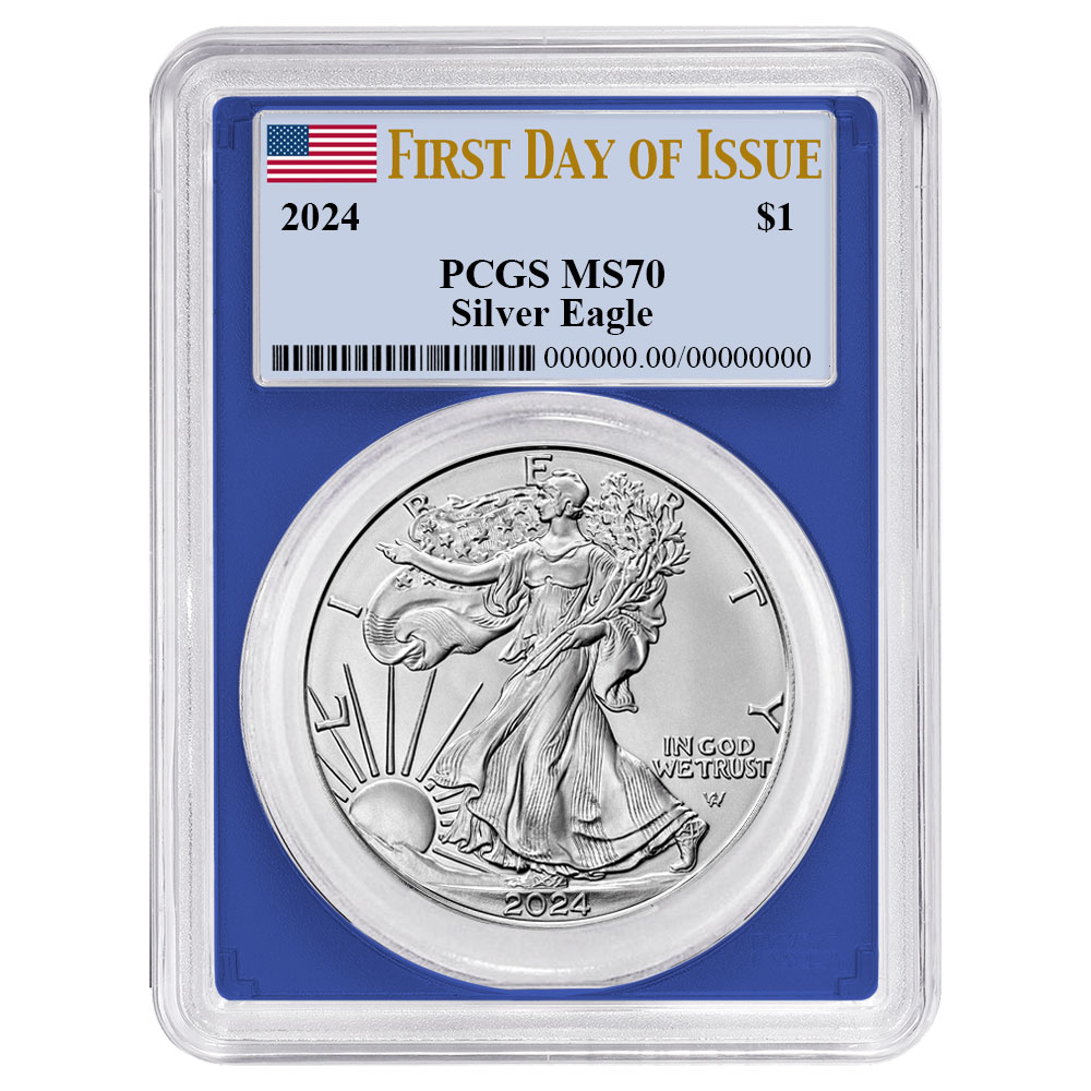 2024 $1 American Silver Eagle PCGS MS70 FDOI Flag Label Blue Frame