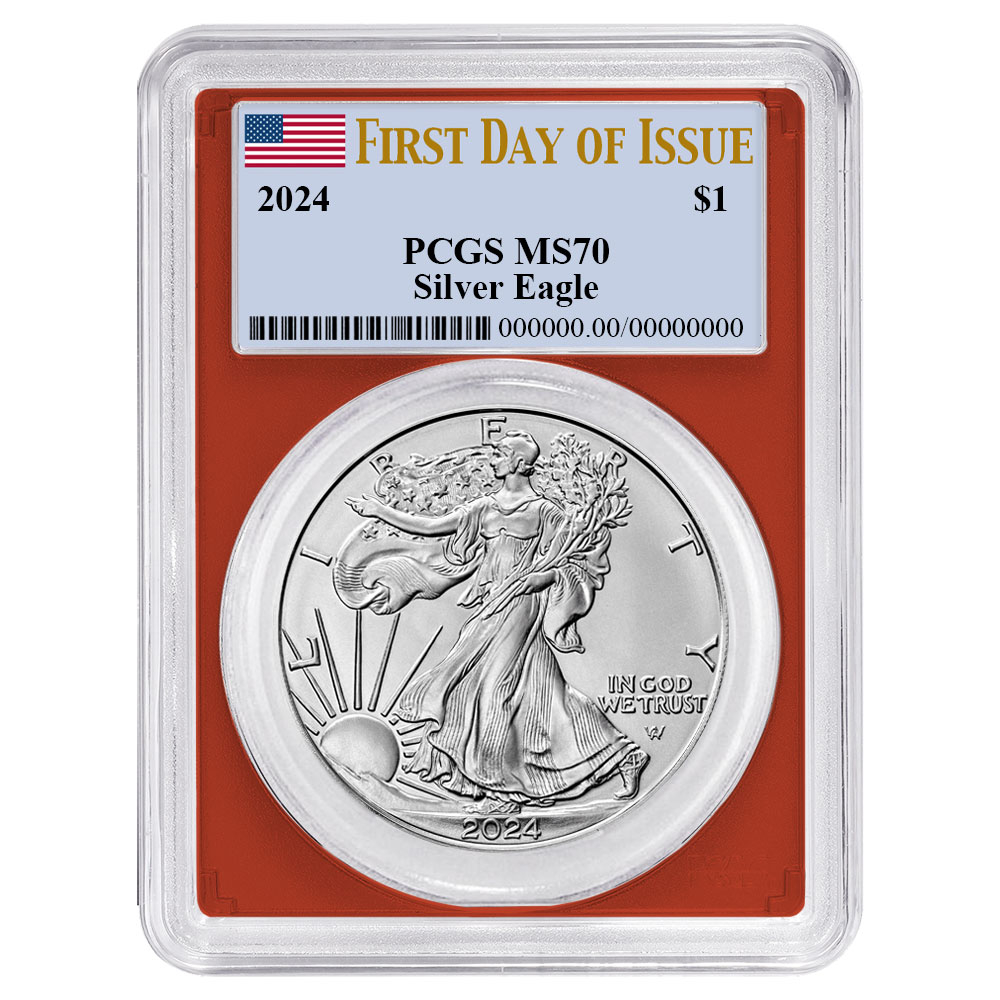 2024 $1 American Silver Eagle PCGS MS70 FDOI Flag Label Red Frame