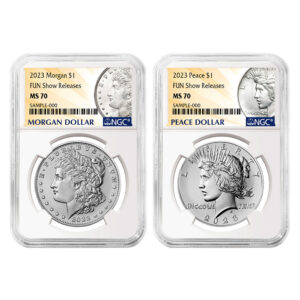 2023 $1 Morgan and Peace Silver Dollar 2pc Set NGC MS70 Morgan & Peace Label Fun Show Releases