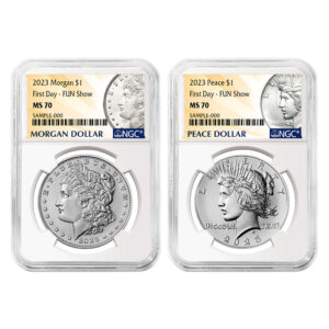 2023 $1 Morgan and Peace Silver Dollar 2pc Set NGC MS70 FDI Morgan & Peace Label Fun Show Releases