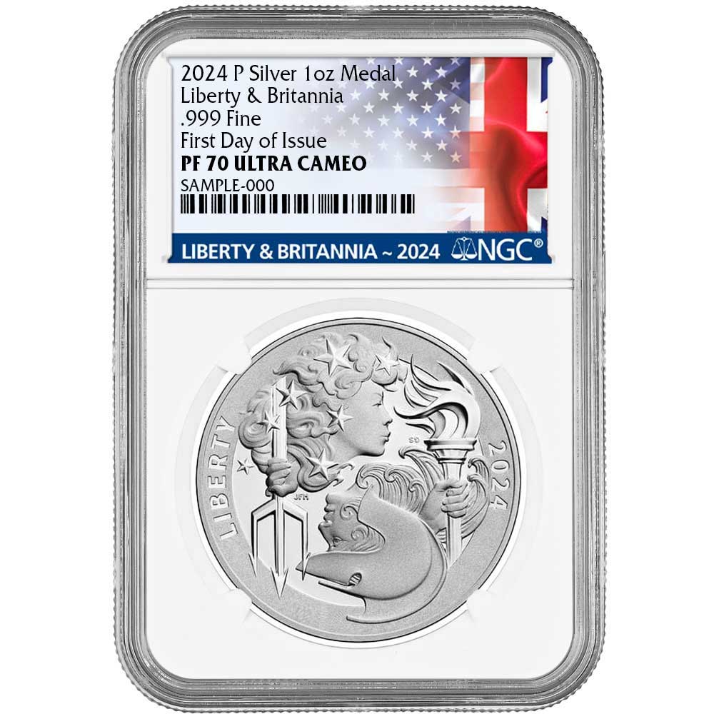 愛のキューピット　NGC鑑定済メダルMS70　世界最高鑑定　激レア【新品未使用】 2024-P Proof Liberty & Britannia Silver Medal 1 oz NGC PF70UC FDI