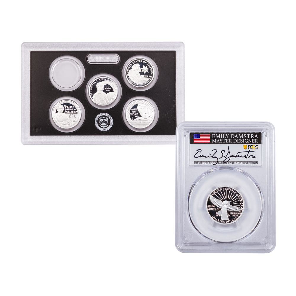 2022-S Silver 5pc Set Proof American Women Quarters + 2022-S 25c Silver Maya Angelou Quarter PCGS PR70DCAM FDI Damstra Signed Label