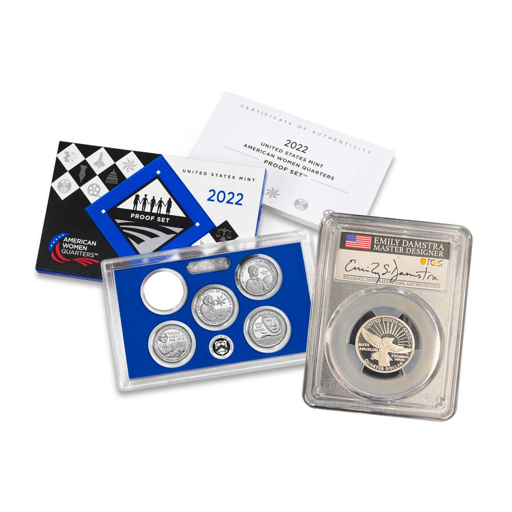 2022-S Clad 4-Coin Set Proof American Women Quarter + 2022-S 25c Maya Angelou Quarter PCGS PR70 FDI Damstra Signed Label