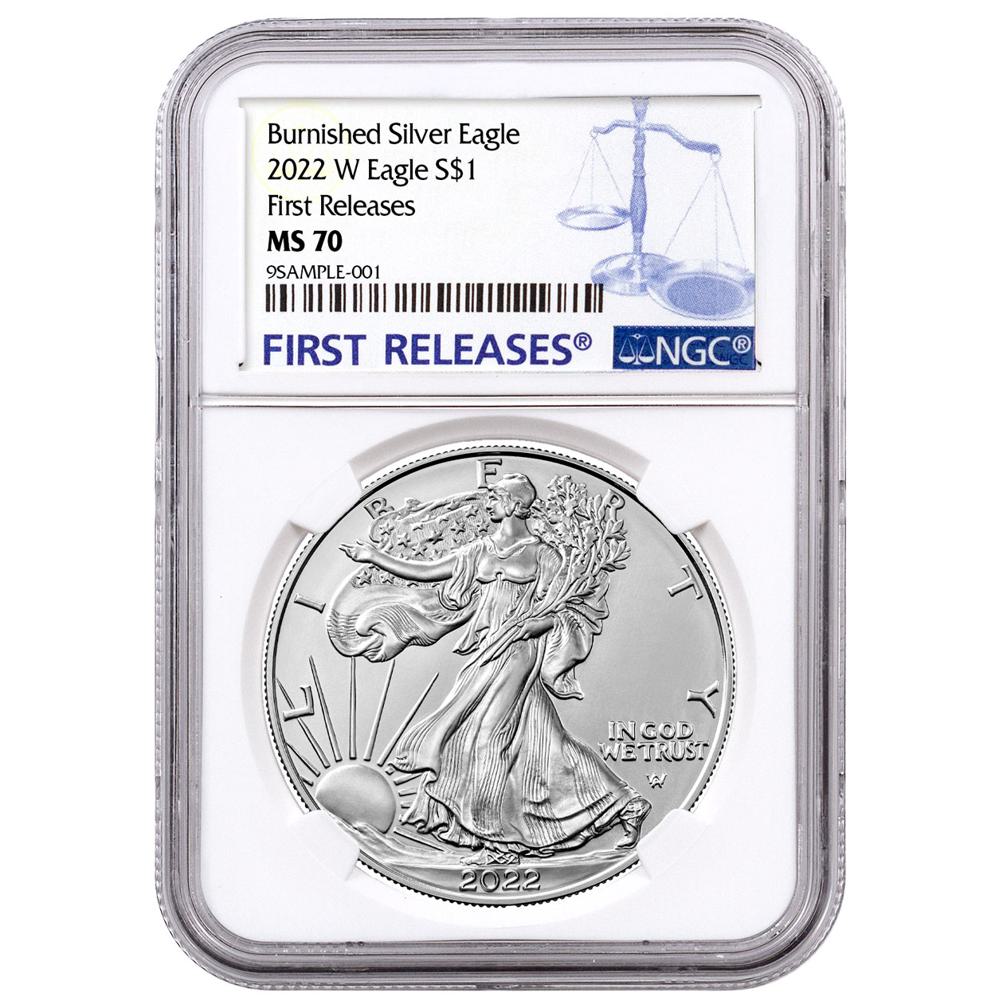 2022-W Burnished $1 American Silver Eagle NGC MS70 FR Blue Label