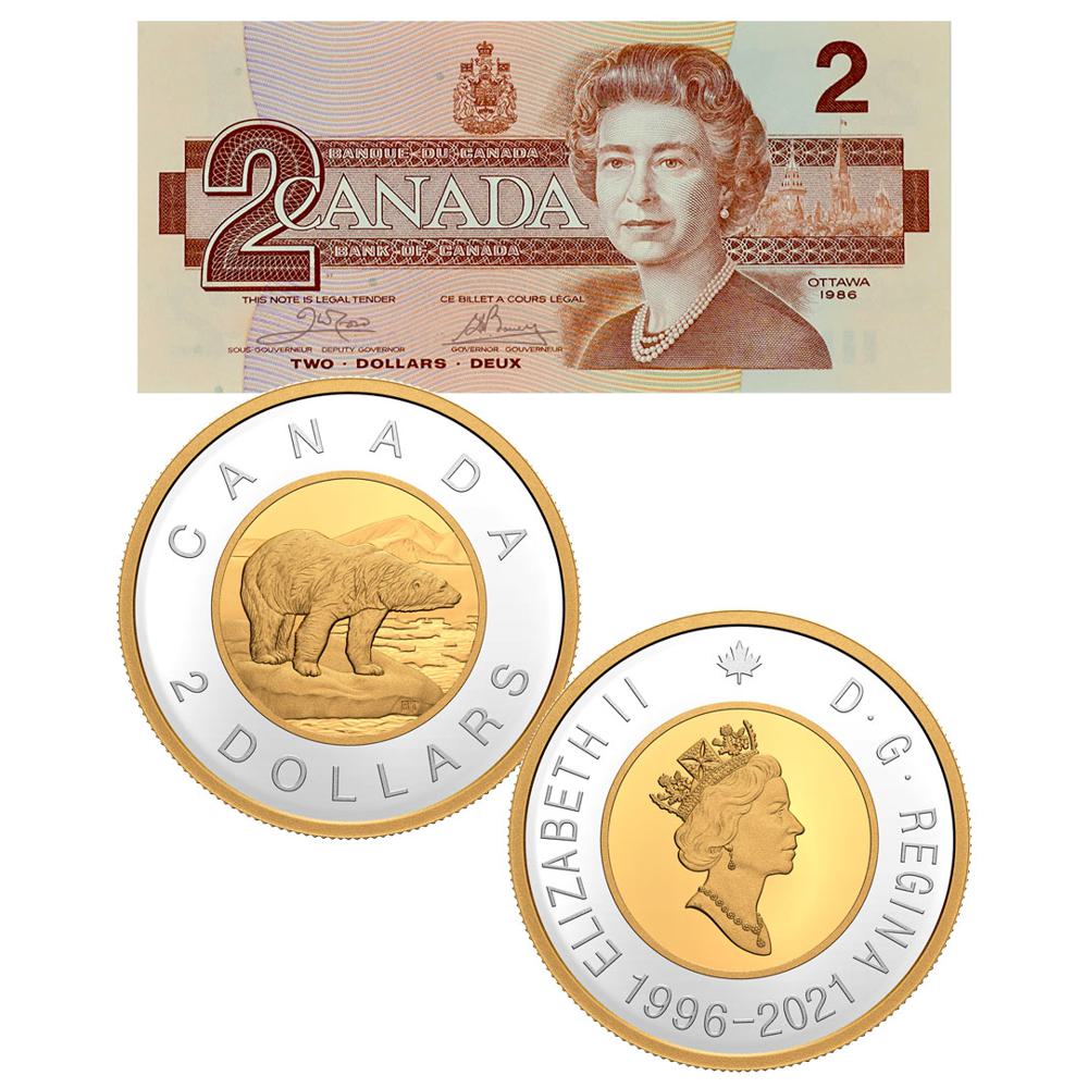 2021 $2 Silver Canadian Proof Coin & Banknote Set - 25th Anniversary 1 oz Silver Gilt Coin