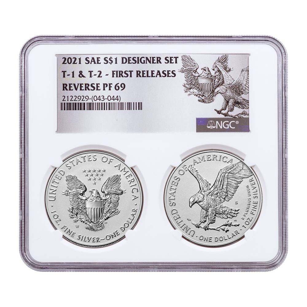 2 x 2021年アメリカン イーグル銀貨 セット(Type 1最後の年) 2021 $1 Type 1, Type 2 Reverse Proof American Silver Eagle