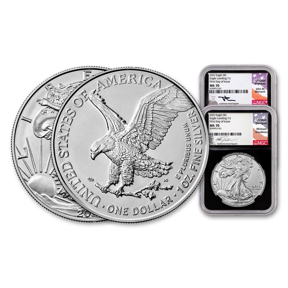 2pc. Set - 2021 American Silver Eagle Type 2 Scarce and Unique Coin Division NGC / PCGS MS70 FDI Black Core Holder Gaudioso/Mercanti Signed Label