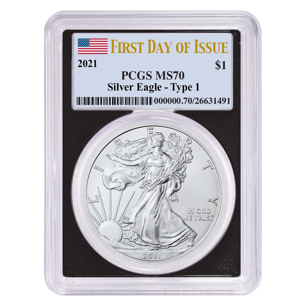 2021 $1 American Silver Eagle Type 1 PCGS MS70 FDI Flag Label