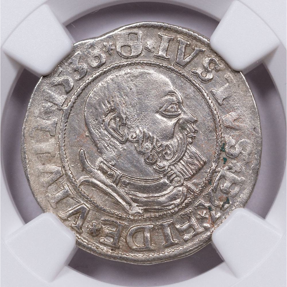 1525-1569 Prussia, Silver Groschen - Albrecht von Brandenburg NGC AU Story  Vault - Pinehurst Coins