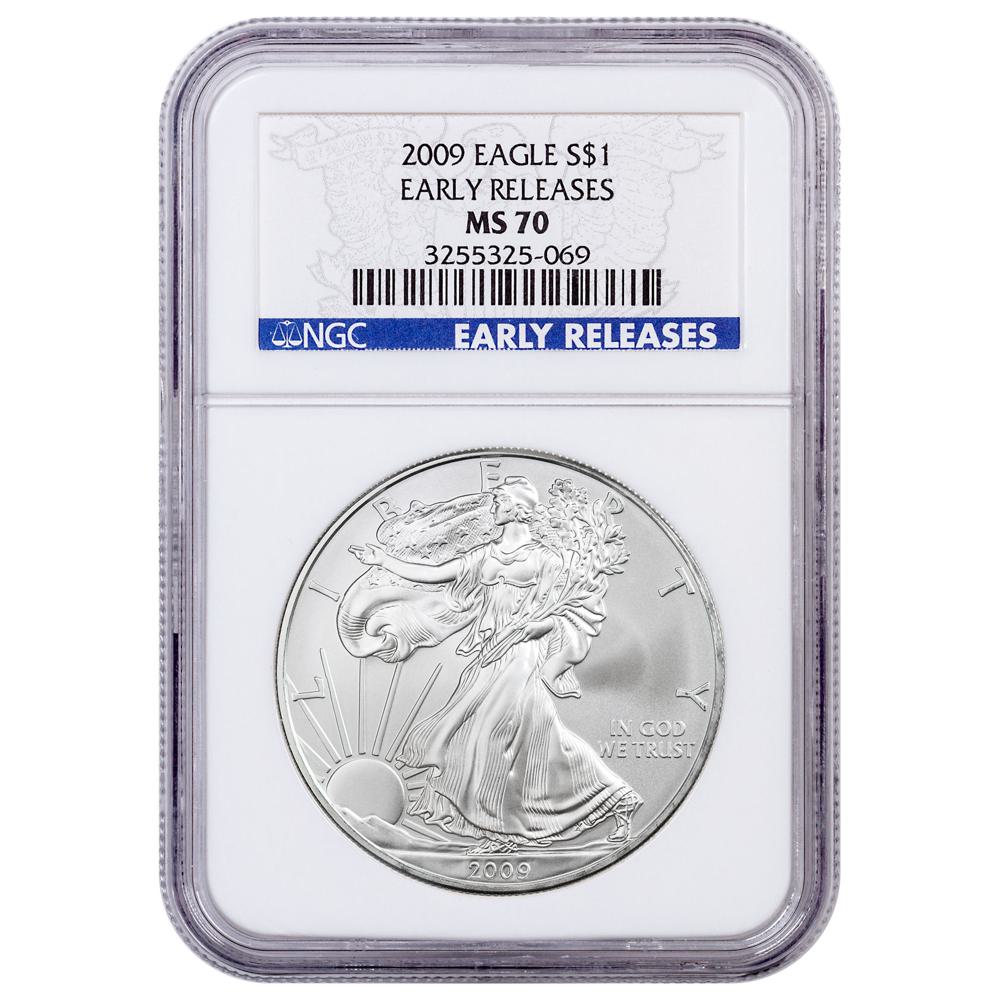 2009 $1 American Silver Eagle NGC MS70 ER Blue Label