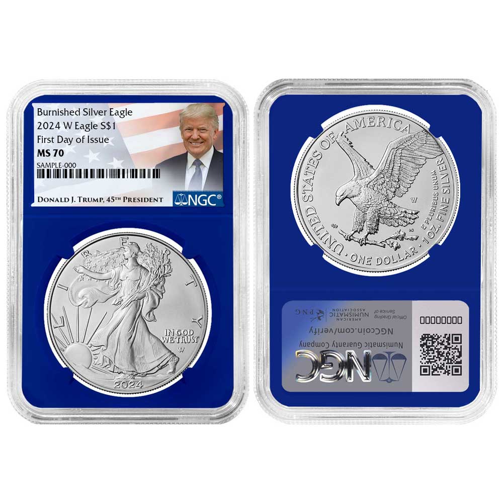 2024-W Burnished $1 American Silver Eagle NGC MS70 FDI Trump Label
