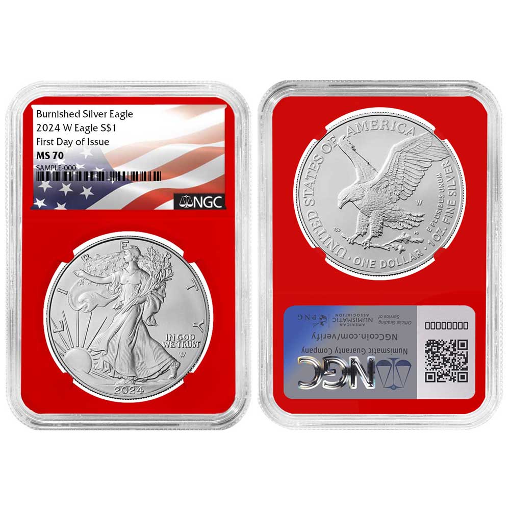 2024-W Burnished $1 American Silver Eagle NGC MS70 FDI Flag Label