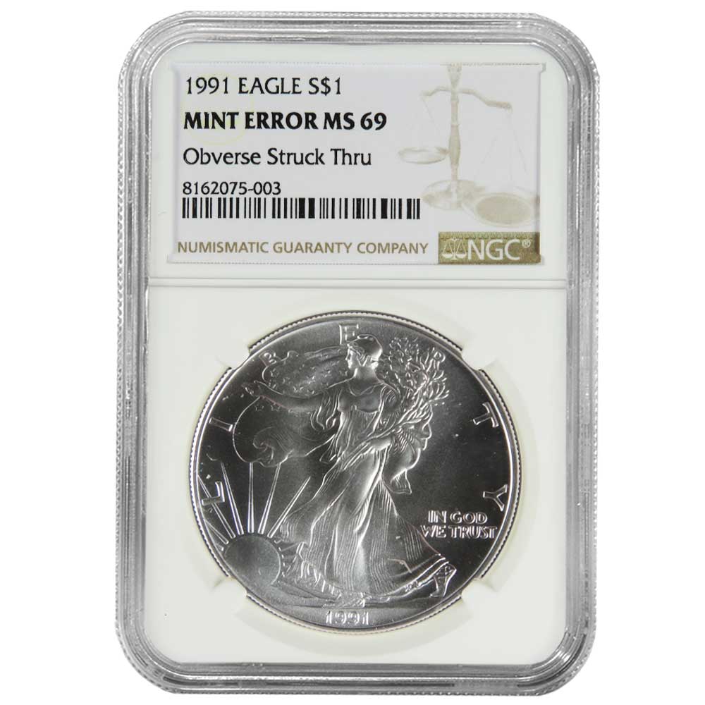 1991 $1 American Silver Eagle NGC MS69 Mint Error Obverse Struck