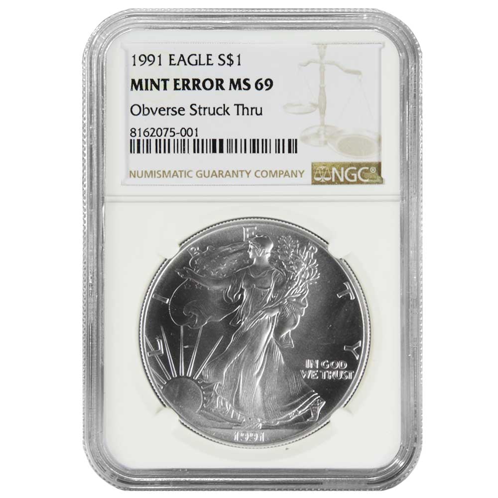 【 イーグル銀貨 】 1991年 アメリカ発行 1オンス　NGC MS69 1991 $1 American Silver Eagle NGC MS69 Mint Error Obverse Struck
