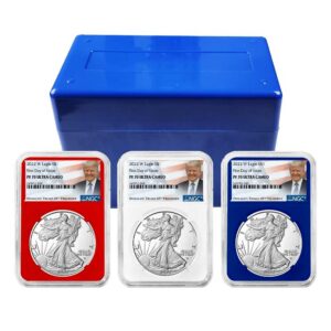 2022-W Proof $1 American Silver Eagle 3pc Set NGC PF70UC FDI Trump Label Red White Blue