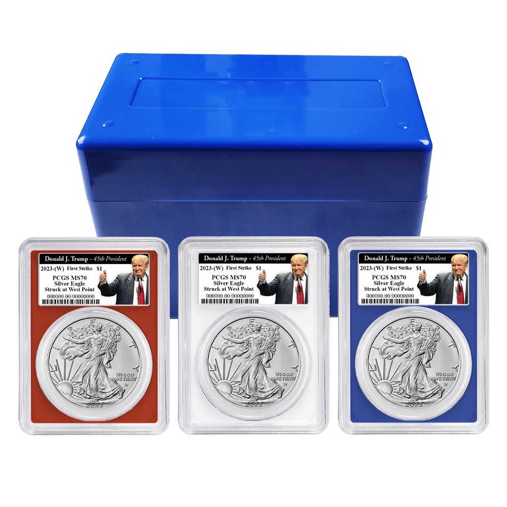2023 (W) $1 American Silver Eagle 3pc Set PCGS MS70 FS Trump 45th Label Red  White Blue - Pinehurst Coins