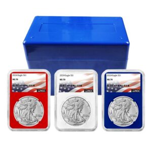 2024 $1 American Silver Eagle 3pc Set NGC MS70 Flag Label Red White Blue