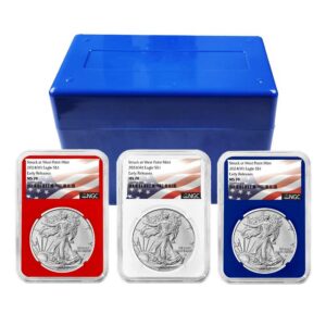 2024 (W) $1 American Silver Eagle 3pc Set NGC MS70 ER Flag Label Red White Blue