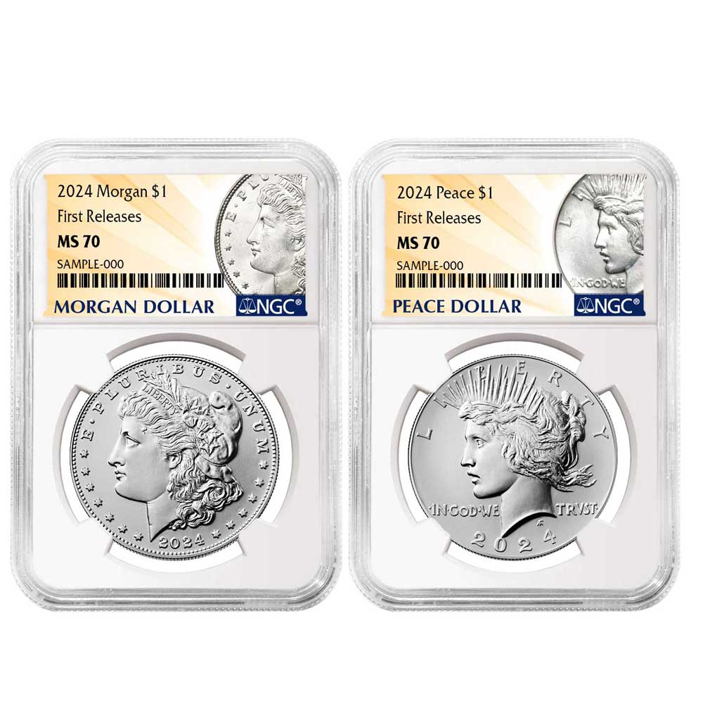 2024 $1 Morgan and Peace Silver Dollar 2pc Set NGC MS70 FR Morgan & Peace Label