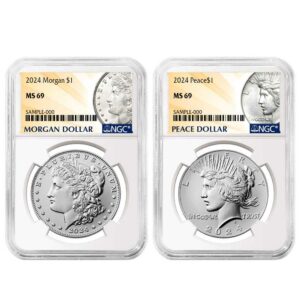 2024 $1 Morgan and Peace Silver Dollar 2pc Set NGC MS69 Morgan & Peace Label