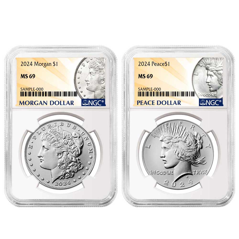 2024 $1 Morgan and Peace Silver Dollar 2pc Set NGC MS69 Morgan & Peace Label