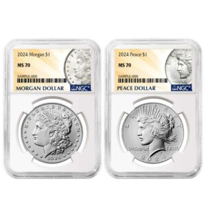 2024 $1 Morgan and Peace Silver Dollar 2pc Set NGC MS70 Morgan & Peace Label