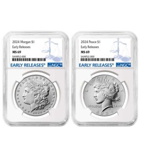 2024 $1 Morgan and Peace Silver Dollar 2pc Set NGC MS69 ER Blue Label