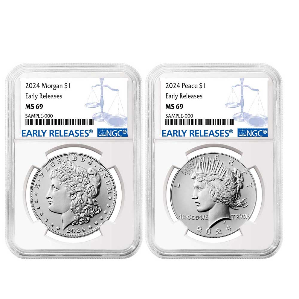 2024 $1 Morgan and Peace Silver Dollar 2pc Set NGC MS69 ER Blue Label
