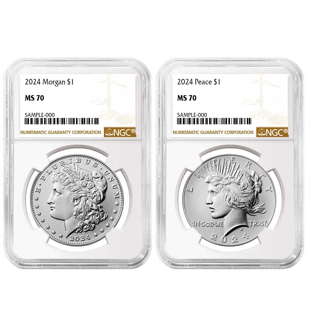 2024 $1 Morgan and Peace Silver Dollar 2pc Set NGC MS70 Brown