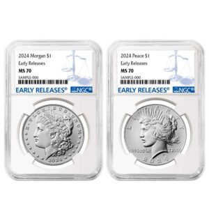 2024 $1 Morgan and Peace Silver Dollar 2pc Set NGC MS70 ER Blue Label