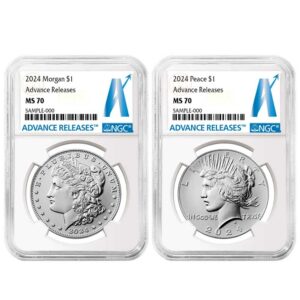 2024 $1 Morgan and Peace Silver Dollar 2pc Set NGC MS70 AR Advance Releases Label