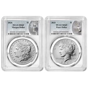 2024 $1 Morgan and Peace Silver Dollar 2pc Set PCGS MS69 Morgan & Peace Label